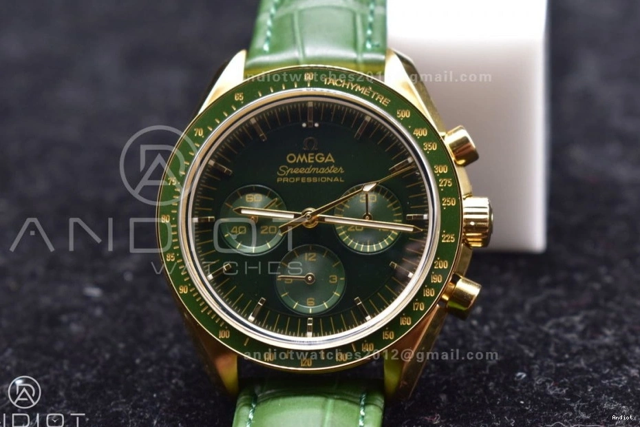Green Manual in Dial Speedmaster RMF Green on Edition Moonwatch Leather Strap Best YG Gold Chrono Moonshine 1225